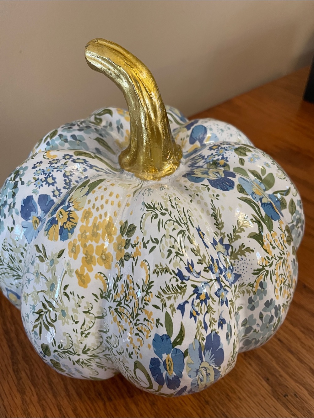 Decorative Floral White & Blue Pumpkin with Gold Stem - Home Accents - Picture 5 of 5